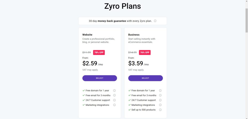 zyro best ai website builder pricing plans